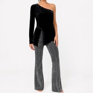 Costume Gallery Dance Costume Set M Black Velour Rhinestone One Shoulder 2pc